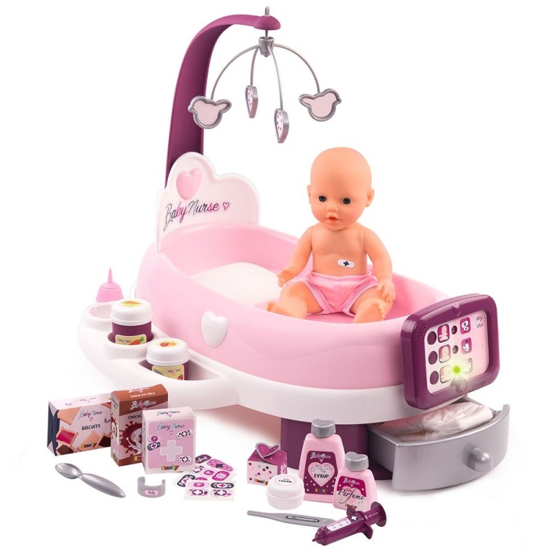 Set cadita si accesorii pentru papusi Smoby Baby Nurse Nursery mov :: Smoby